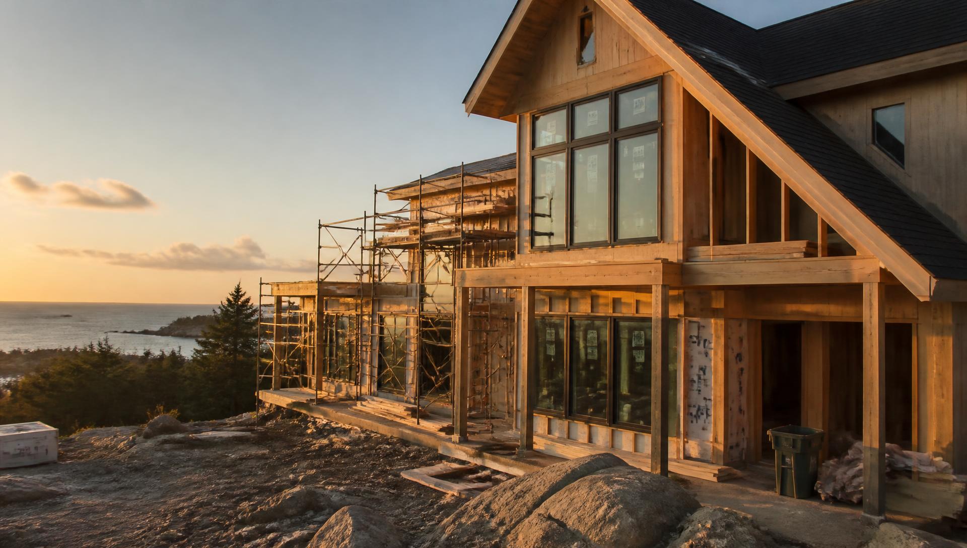 Custom coastal home under construction in Nova Scotia at sunset